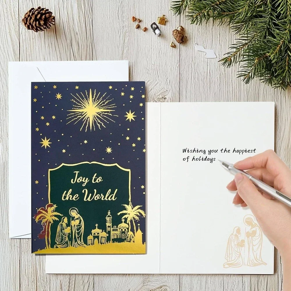 Christmas Cards Nativity Scene‎ Angel Gold Foil Joy to World Peace Love Messages